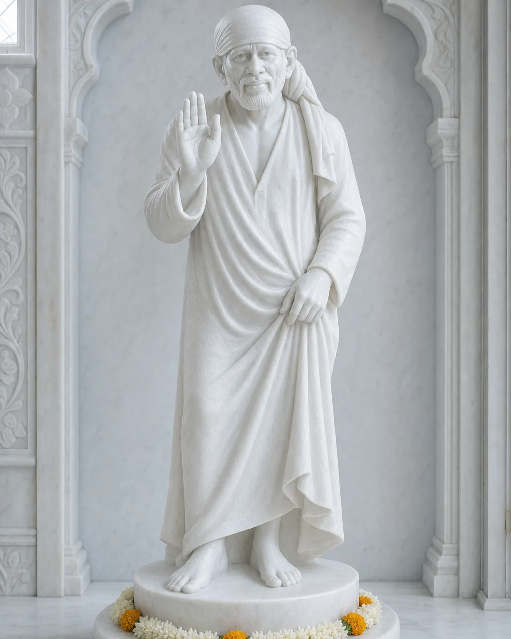 Vietnam White Marble Standing Sai Baba with Raised Hand, 36 in