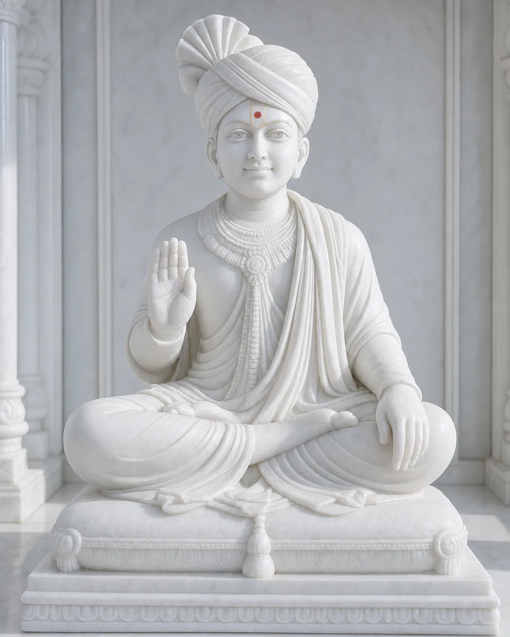 Handcrafted Vietnam White Marble Swaminarayan Seated Blessing Murti, 24in