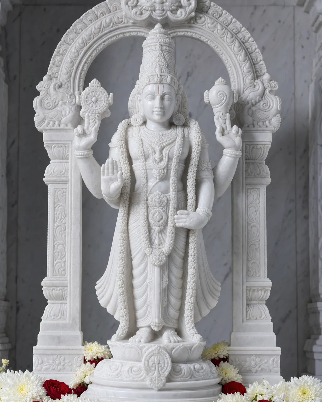 Handcrafted Vietnam White Marble Venkateswara Statue with Prabhavali Arch, 2ft
