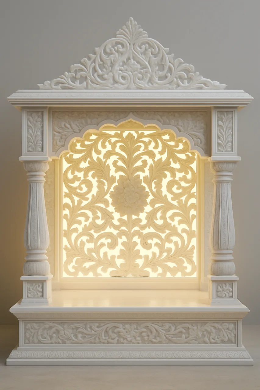 White Marble Temple with Shikhar Top & Floral Carved Back Panel